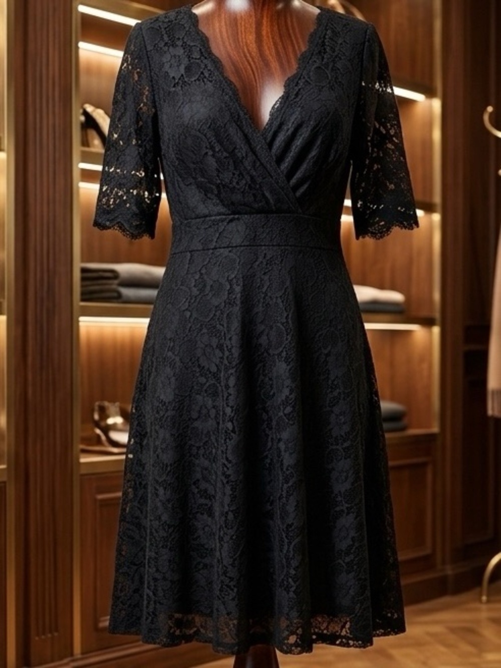 Pinup Fashion Black Lace Faux-Wrap V-Neck Midi Dress - Plus Size 20W